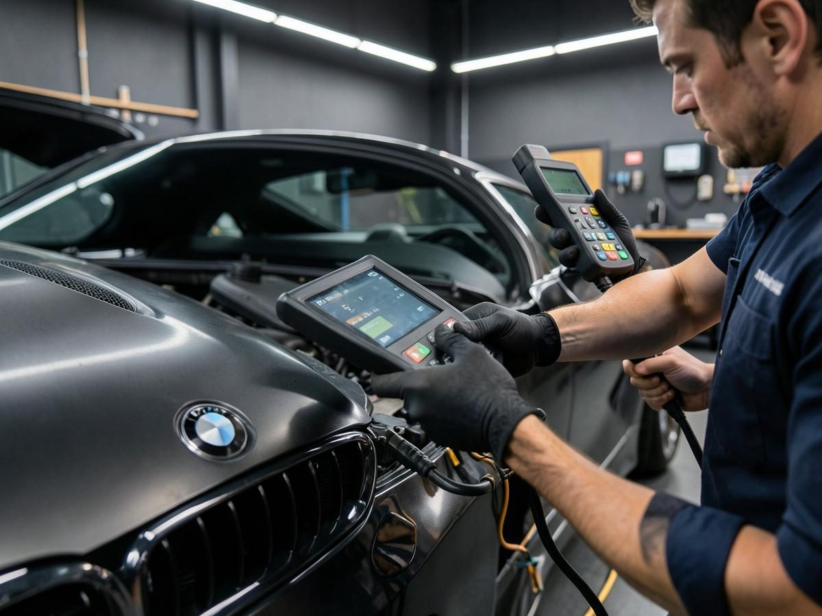 Technician performing advanced European vehicle diagnostics